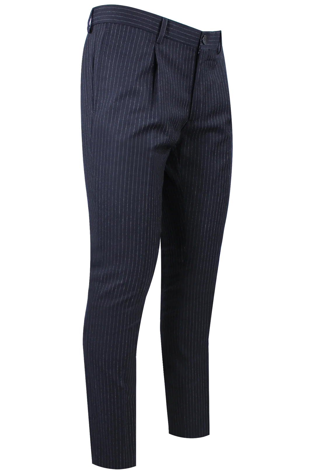 Pantalone slim con pince in lana blu notte gessata