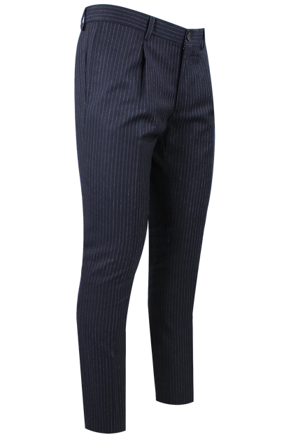Pantalone slim con pince in lana blu notte gessata