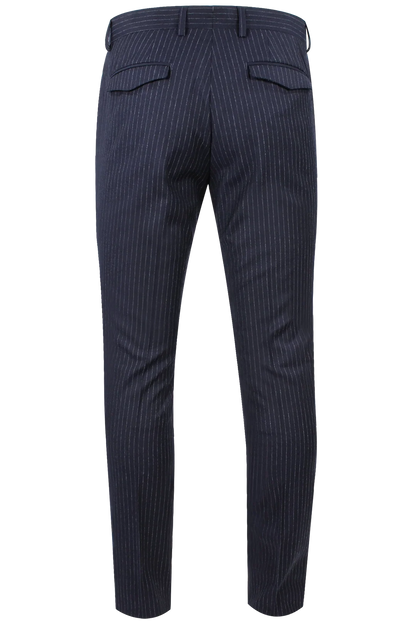 Pantalone slim con pince in lana blu notte gessata