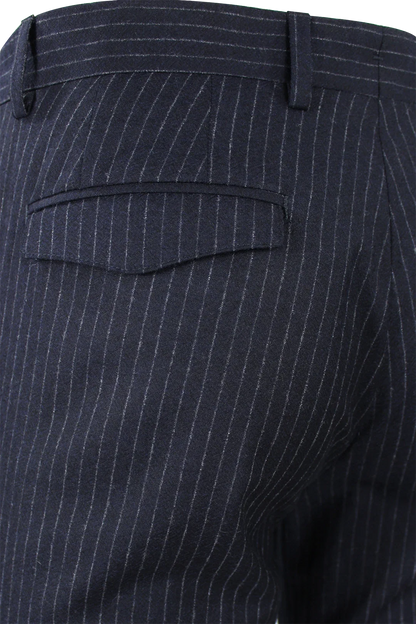 Pantalone slim con pince in lana blu notte gessata