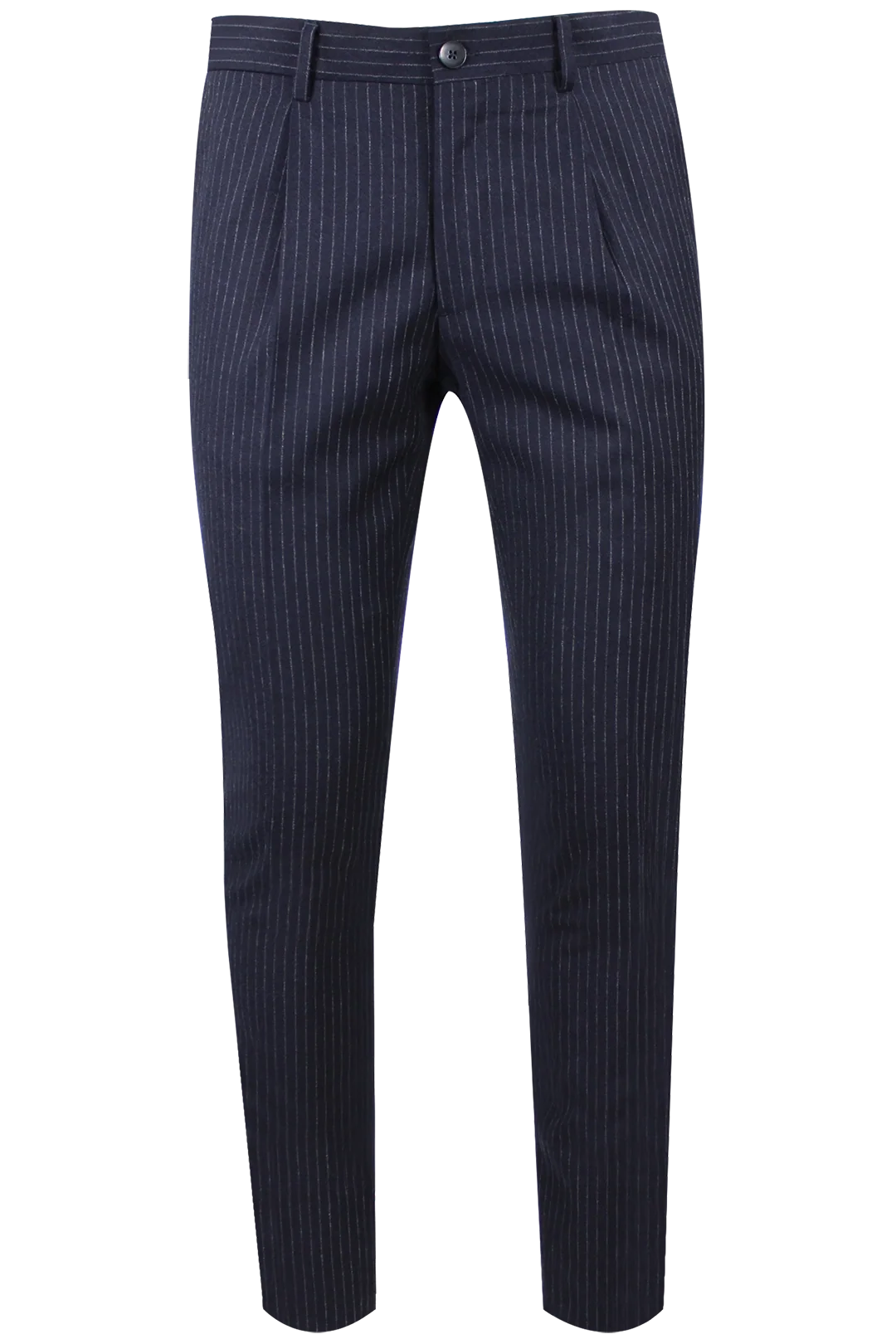 Pantalone slim con pince in lana blu notte gessata