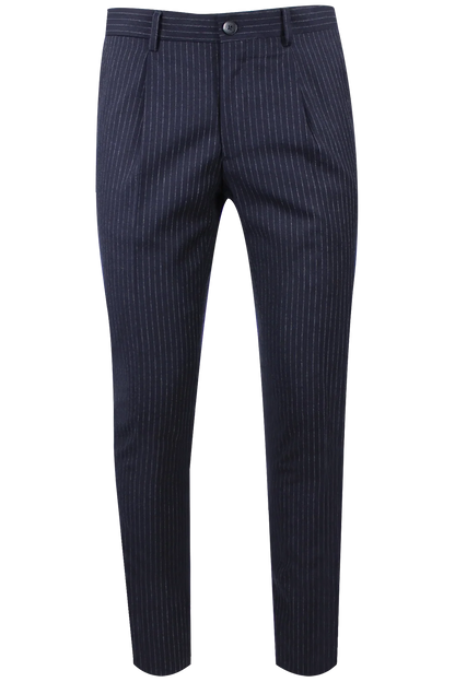 Pantalone slim con pince in lana blu notte gessata