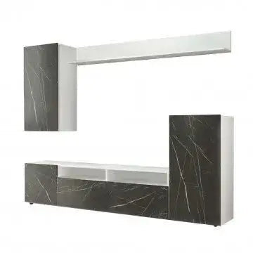 Parete Soggiorno Bridge Bianco Lucido e Antracite Effetto Marmo  cm 207 x 34 x 170 h