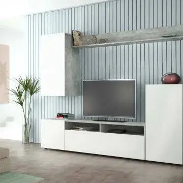 Parete Soggiorno Bridge Bianco Lucido e Grigio Cemento cm 207 x 34 x 170 h