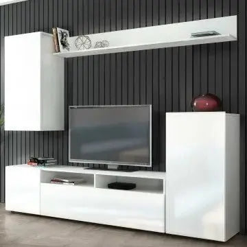 Parete Soggiorno Bridge Bianco e Bianco Lucido, Dimensioni: cm 207 x 34 x 170 h