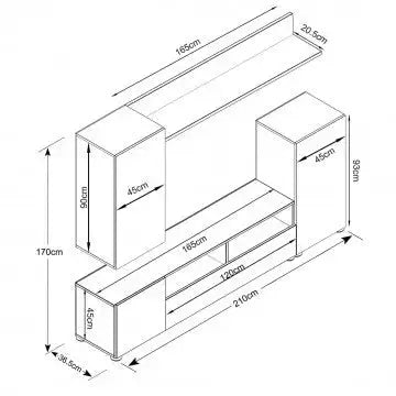 Parete Soggiorno Bridge Bianco e Rovere Chiaro cm 207 x 34 x 170 h