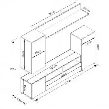 Wohnzimmerwand Bridge Ulme und Grau - Maße: cm 207 x 34 x 170 H