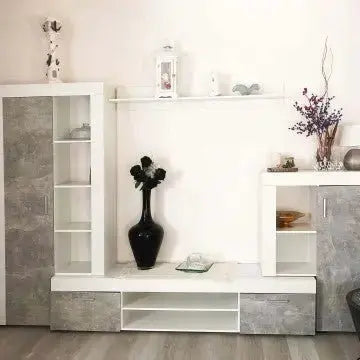 Parete Soggiorno Nobel Bianco e Grigio Effetto Cemento cm 263 x 40 x 200 h