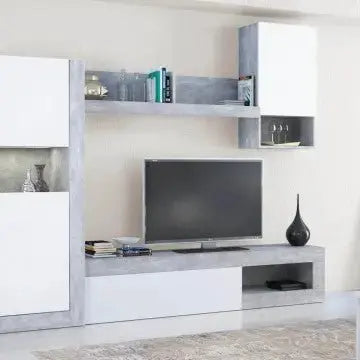 Wohnzimmerwand Roomy Weiß und Grau Zementoptik 255 x 40 x 200 cm (H)