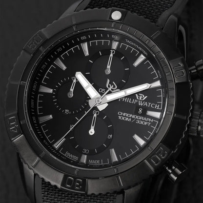 Philip Watch Blaze – Quarz-Chronograph Swiss Made, Schwarz/IP Schwarz, 45mm – R8271615002