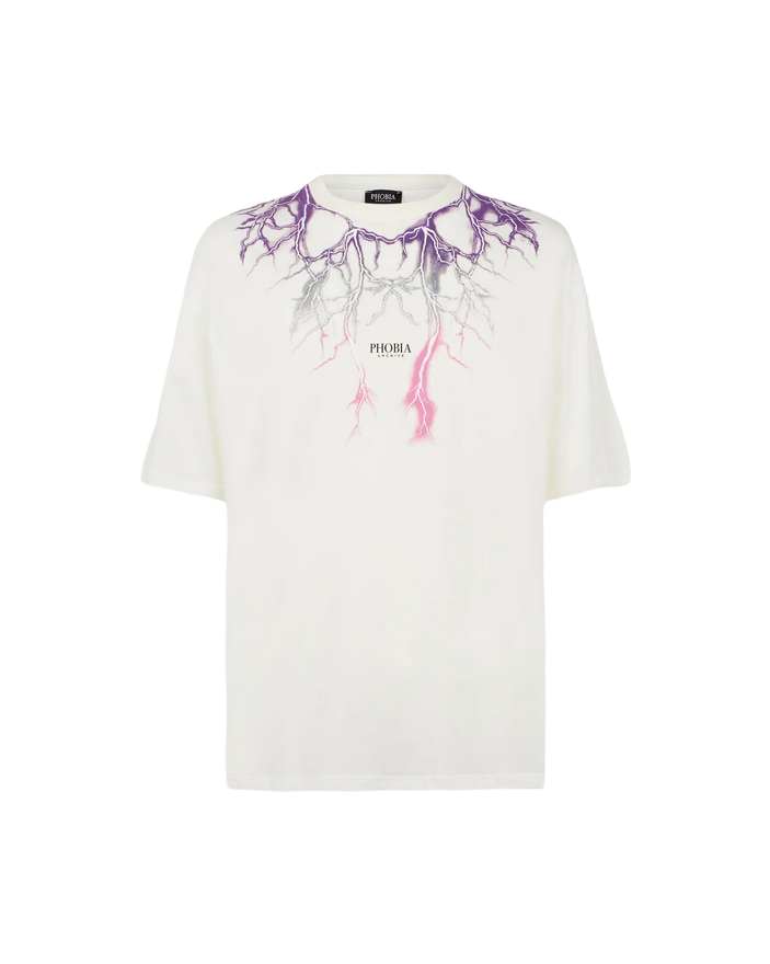 Phobia T-shirt unisex bianca con fulmini viola grigi fuxia PH00108PUGRFU