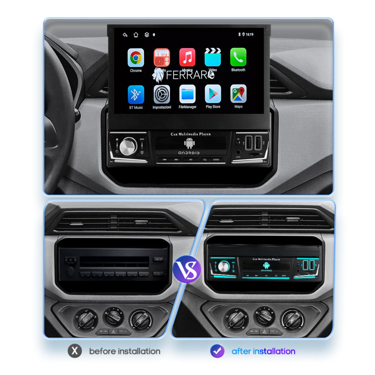 Autoradio Universale a Scomparsa Manuale (Android) 1Din 7" Pollici, Bluetooth, CarPlay, Android Auto, 2GB/4GB Ram