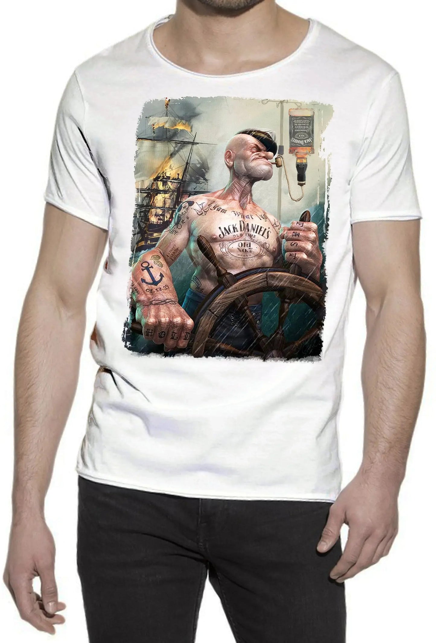 T-shirt Uomo Urban Slub Popeye Jack Daniels - Cotone Fiammato