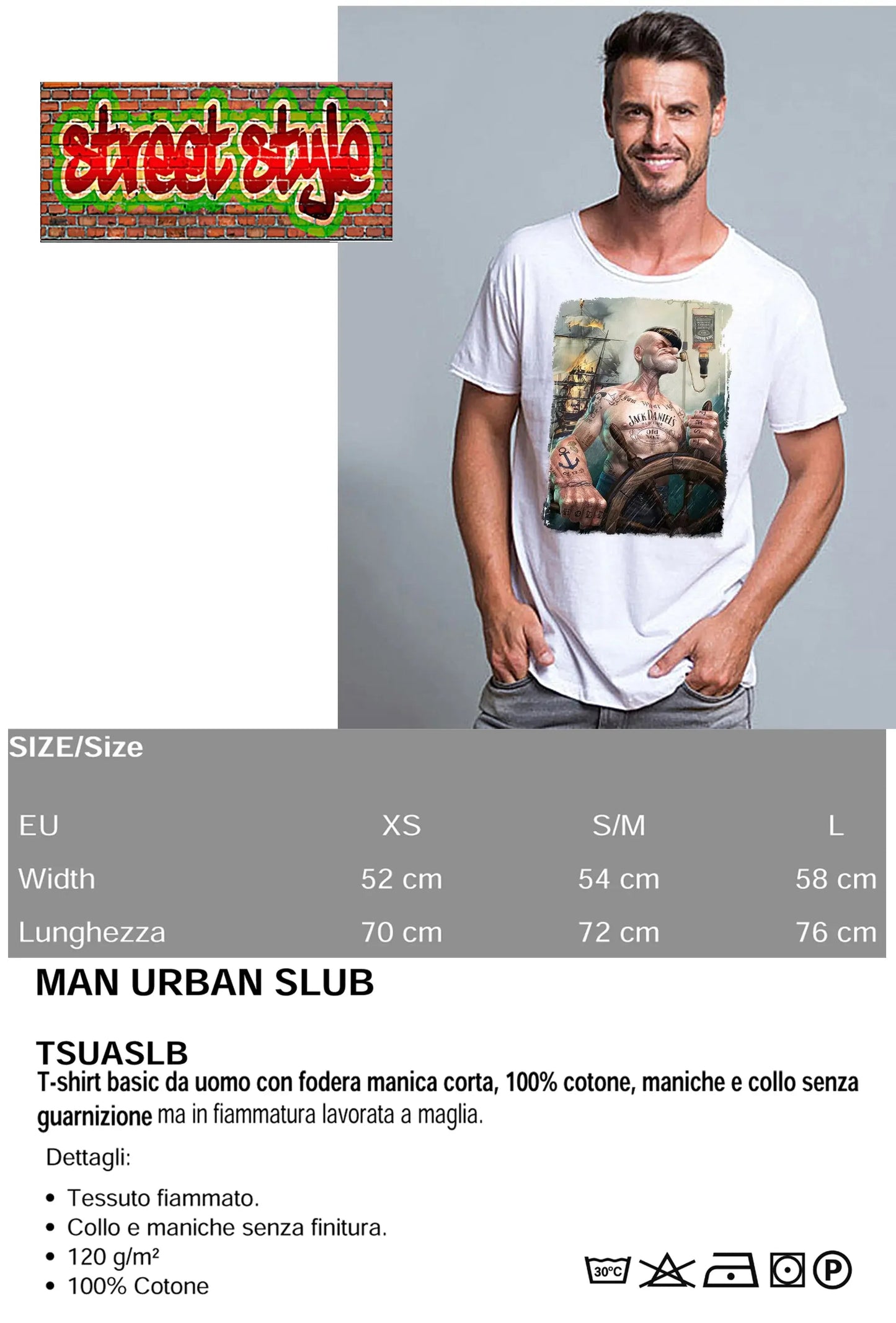 T-shirt Uomo Urban Slub Popeye Jack Daniels - Cotone Fiammato