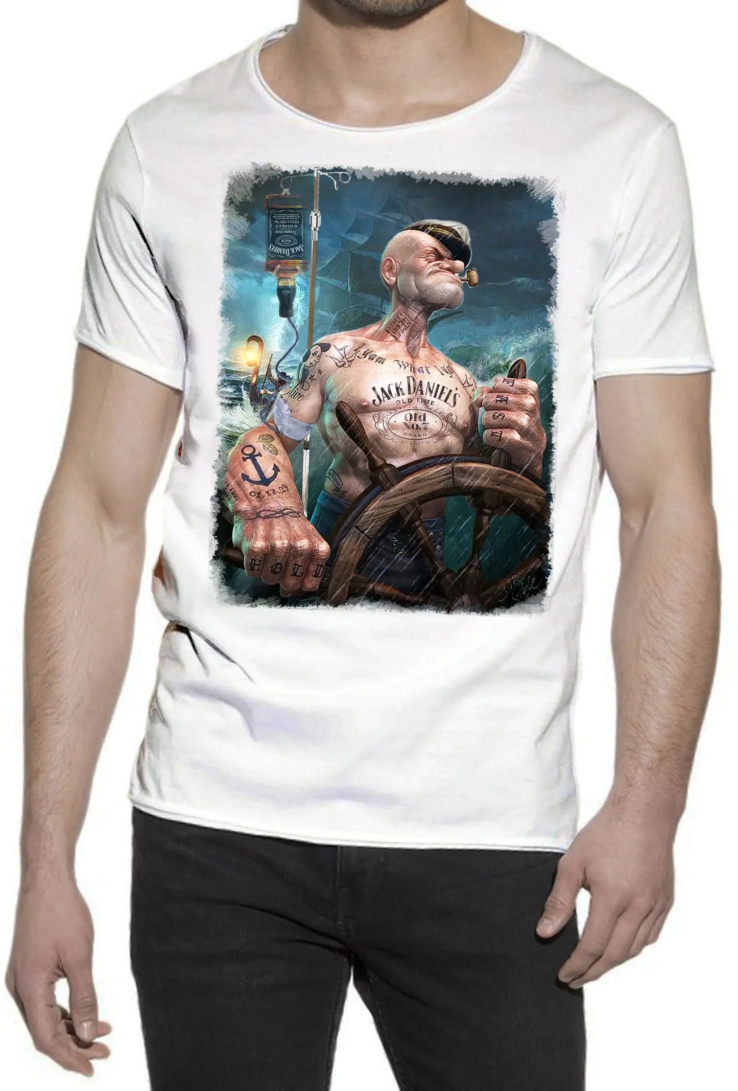 Popeye Jack Daniels T-Shirt Uomo Cotone Fiammato