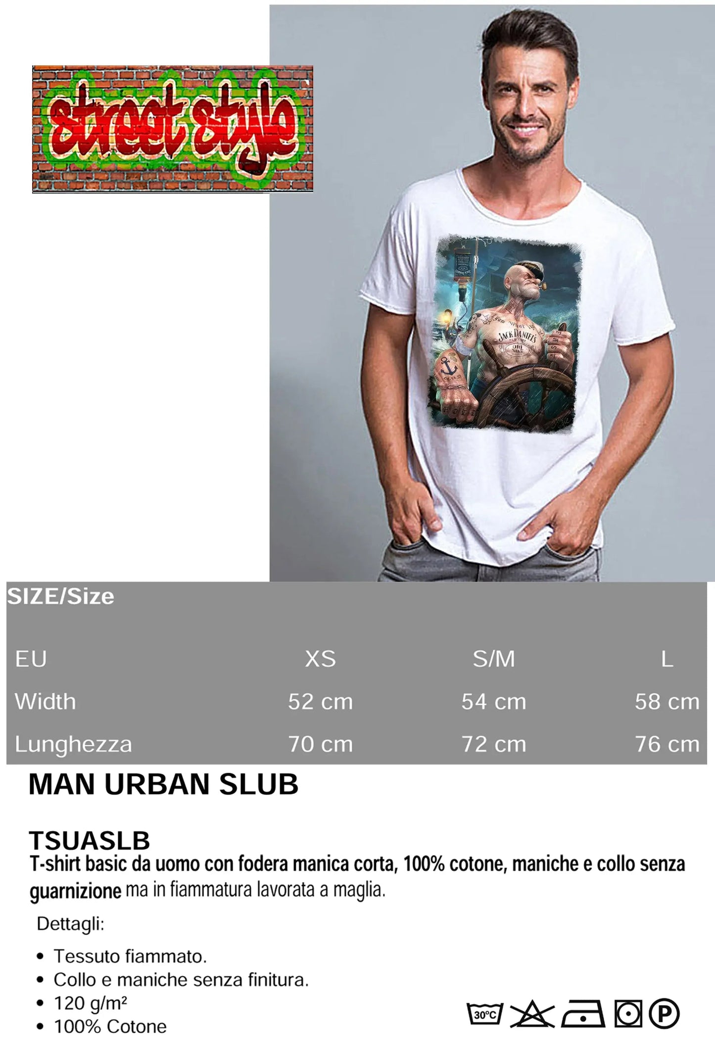 Popeye Jack Daniels T-Shirt Uomo Cotone Fiammato