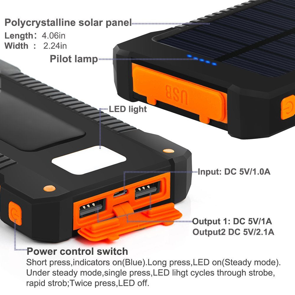 Power Bank Solare 20.000 mAh - Doppia Porta USB per Emergenze e Trekking