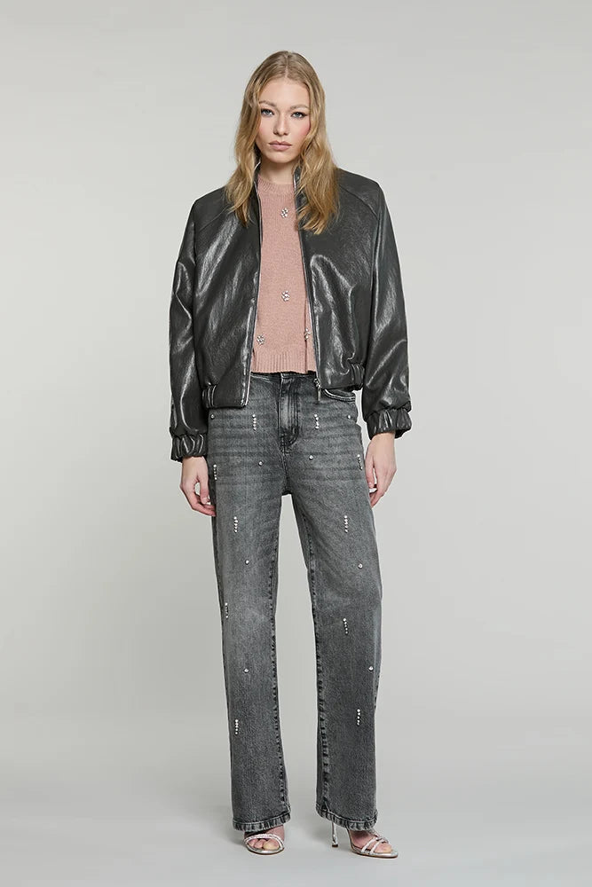 Relish Pantalone GISELLE_GREY  vita media 5 ts loose fit c/castoni + pietre + perle denim RDA2607016039 grigio