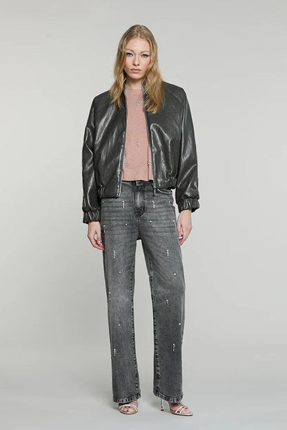 Relish Pantalone GISELLE_GREY  vita media 5 ts loose fit c/castoni + pietre + perle denim RDA2607016039 grigio