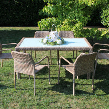 Gartentisch Azore 150 x 90 rechteckig mit Metall- und Wickergeflecht und Glasplatte