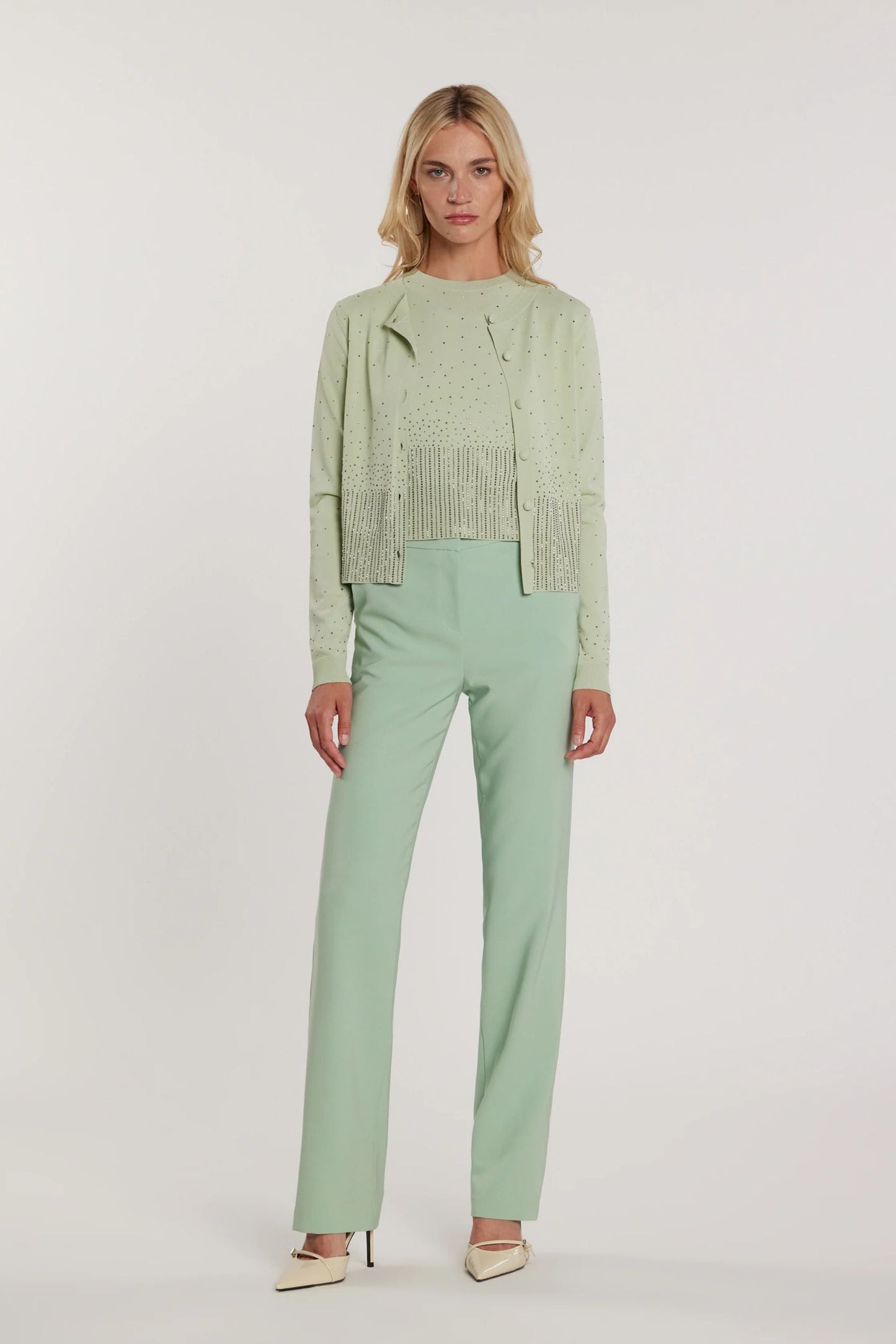Relish Cardigan MOSS maniche lunghe girocollo con bottoni più applicazioni strass RDP2602067019 verde acqua