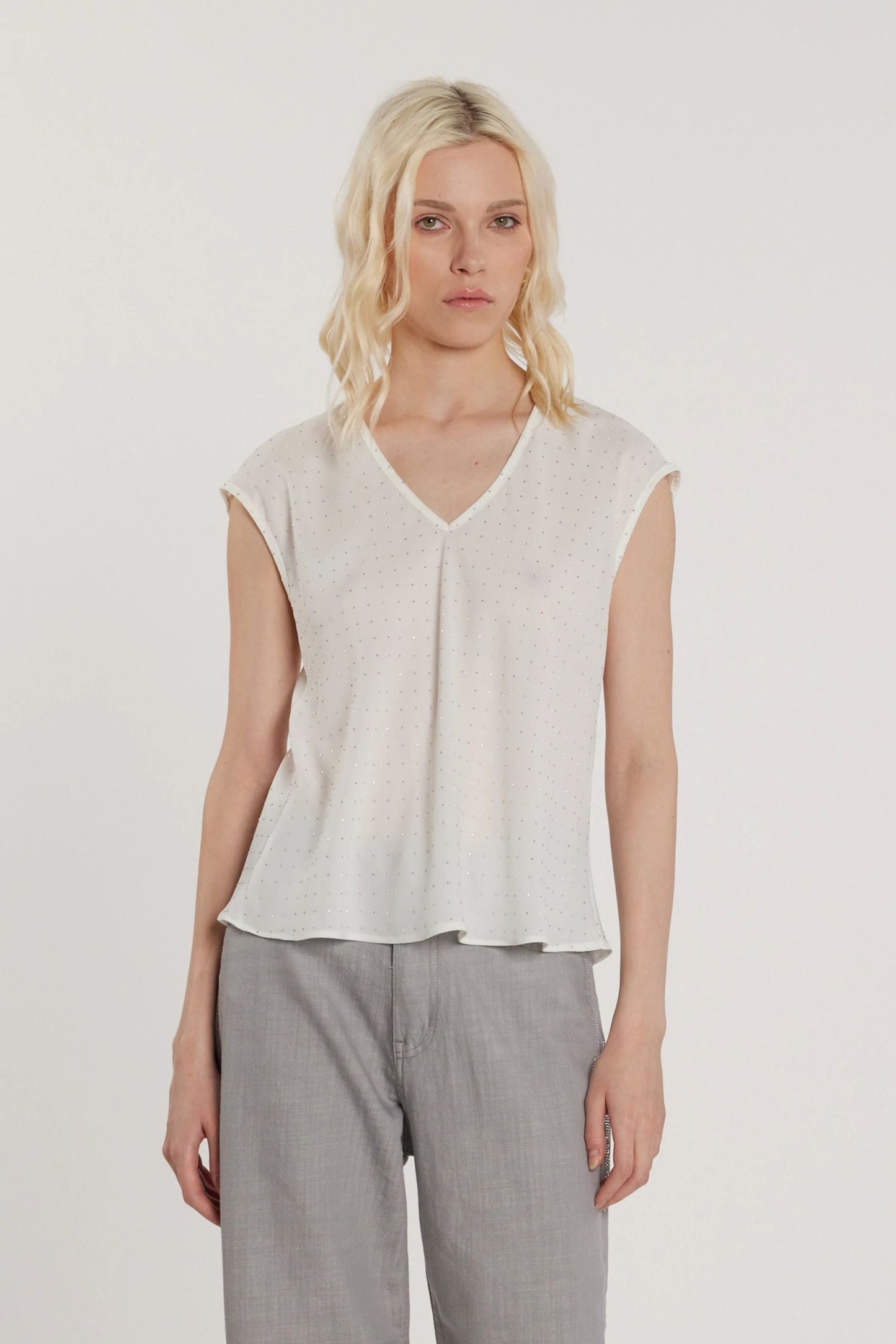 Relish Blusa LAVOLPE maniche corte aletta scollo a V con strass all over RDP2603009050 1101 milk