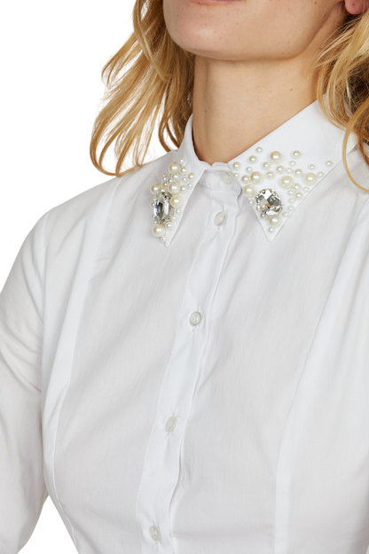 Relish – Camicia Donna YOH Manica Lunga Collo con Applicazione Perle, Pietre e Strass RDA2503056008 Bianco | Eleganza Preziosa e Look Luminoso Made in Italy