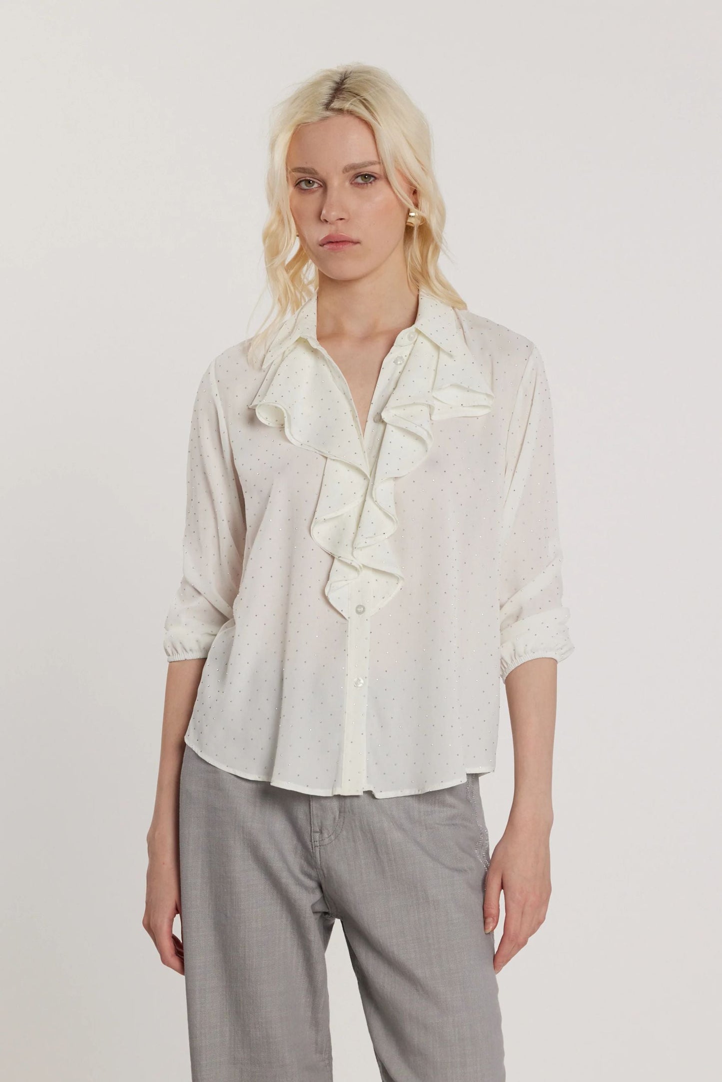 Relish Camicia da Donna YOUNG maniche tre quarti con arriccio e rouches più strass all over RDP2603009051 milk