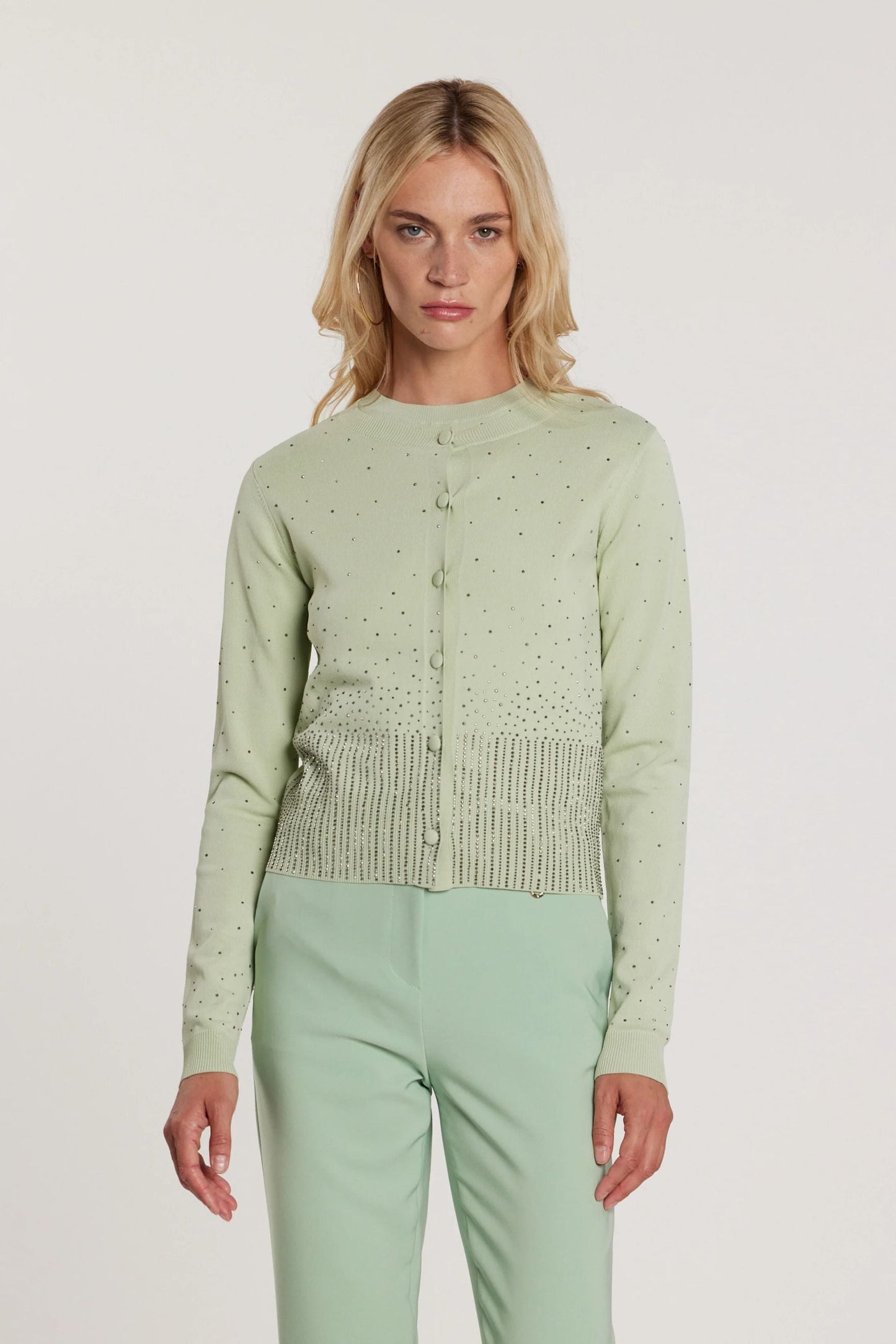Relish Cardigan MOSS maniche lunghe girocollo con bottoni più applicazioni strass RDP2602067019 verde acqua