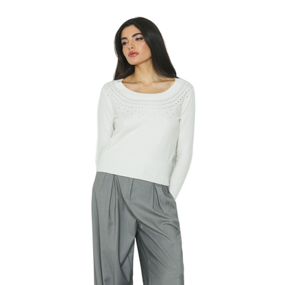 Relish maglia manica lunga con scollo ampio con strass Morgana RDA2402605059 latte