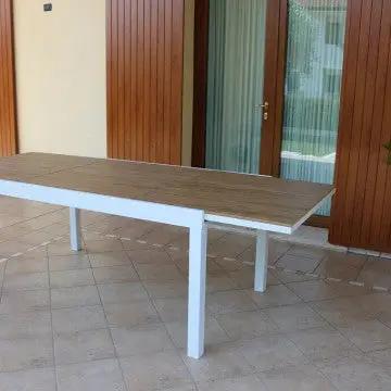 Ausziehtisch Cayman 160/240 x 95 aus Aluminium Weiß/Taupe mit Polywood Teakplatte