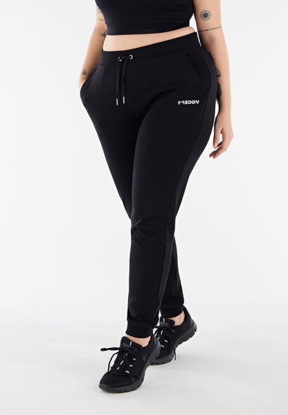 Freddy pantalone sportivo in interlock  con stampa in argento e fondo con polsino S3WBCP8 N black