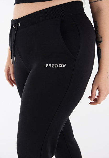 Freddy pantalone sportivo in interlock  con stampa in argento e fondo con polsino S3WBCP8 N black
