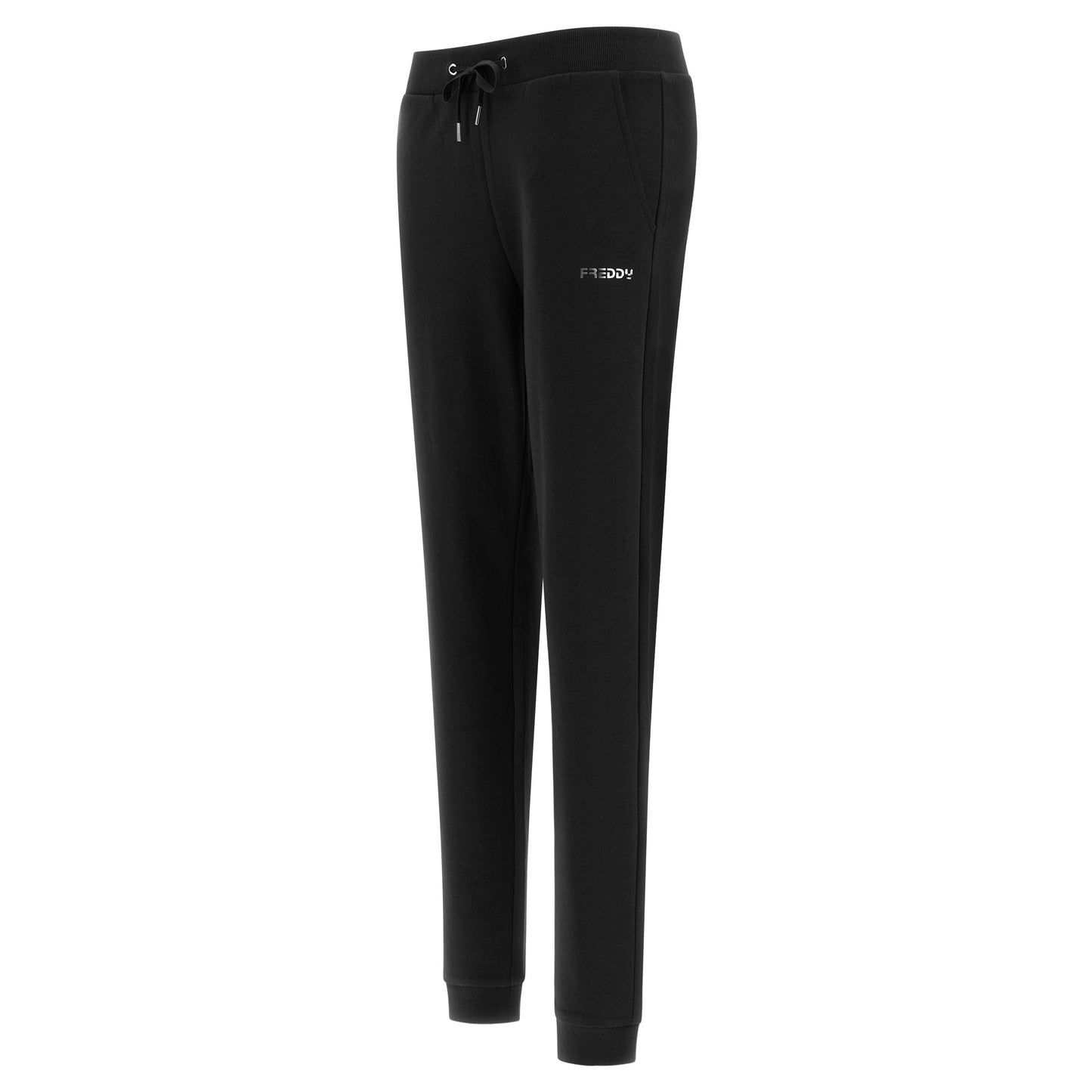 Freddy pantalone sportivo in interlock  con stampa in argento e fondo con polsino S3WBCP8 N black