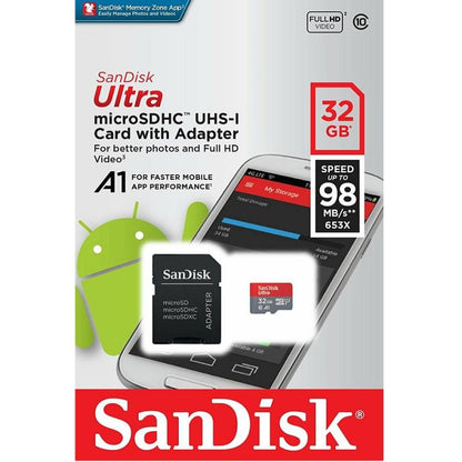 Sandisk Micro Sd 32Gb Classe A1 98Mb/S + Adattatore Sd Ultra Scheda Memoria