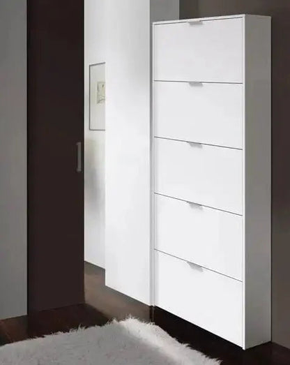 Schuhschrank 5 Klappen Weiß - platzsparend, 70x17x180 cm, Fassungsvermögen 15 Paar