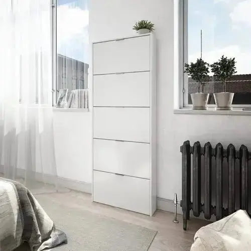 Schuhschrank 5 Klappen Weiß - platzsparend, 70x17x180 cm, Fassungsvermögen 15 Paar