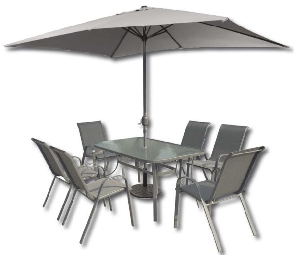 Set da giardino in acciaio con tavolo 150x90, 6 poltrone, ombrellone 2x3m e base