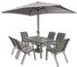 Steel garden set with 150x90 table, 6 armchairs, 2x3m umbrella, and base