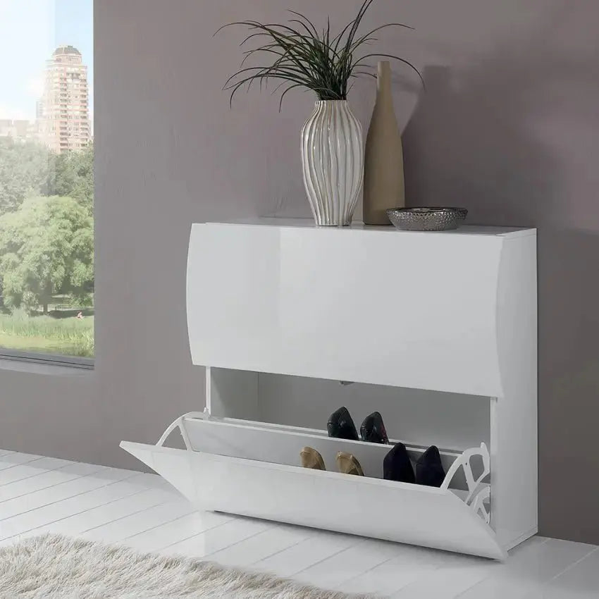Moderner Schuhschrank, 2 Klappen, hochglänzend Weiß mit WELLEN-Design