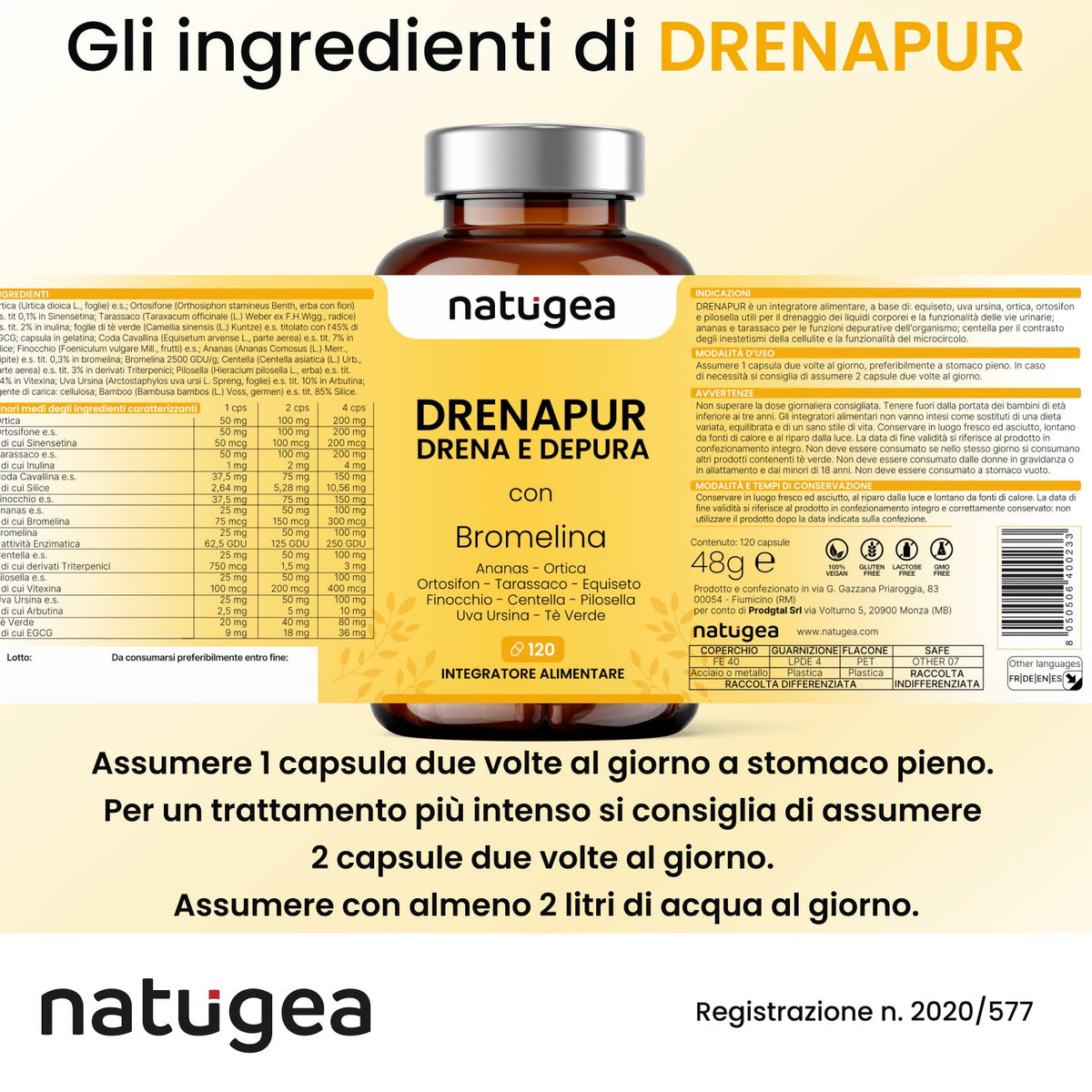 Integratore Drenante Naturale – Ananas, Centella, Ortosifon e Tarassaco – Drenaggio Liquidi e Cellulite – 120 Cps