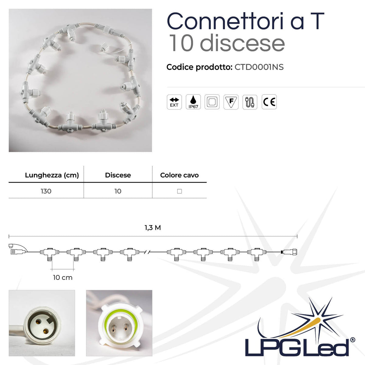 Connettore a T per luci led | 130cm | 10 discese | IP67