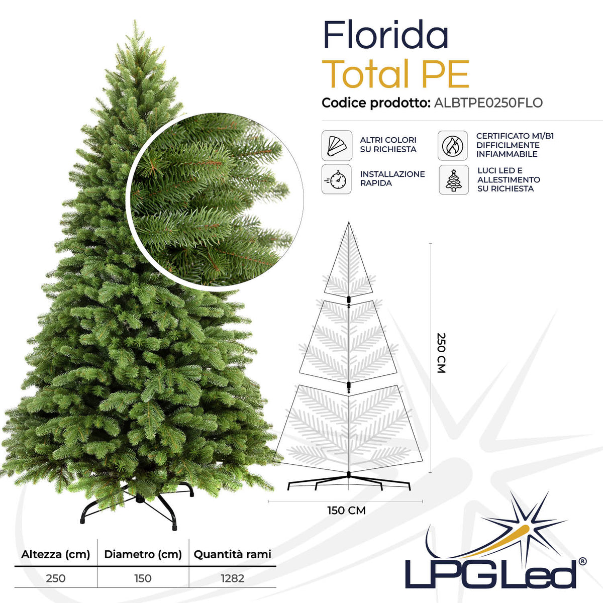 Albero di Natale artificiale TOTAL PE | FLORIDA | da 250cm | rami 1282