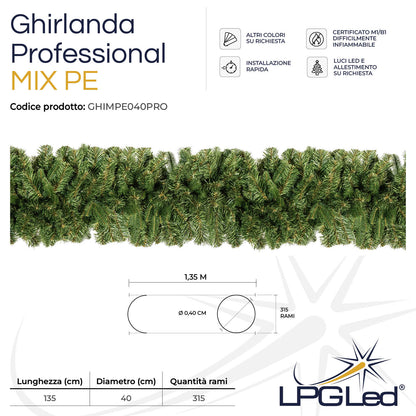 Ghirlanda di Natale artificiale MIX PE | PROFESSIONAL | da 135cm | diametro 40cm | rami 315