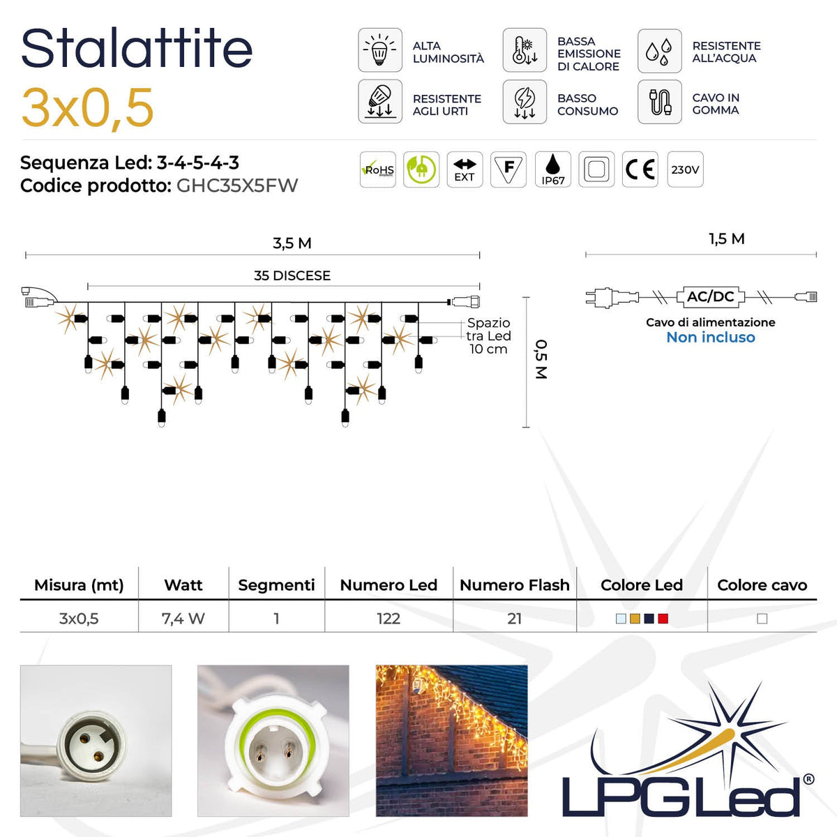 Tendina ghiacciolo led | 3,5X0,5m 230V con flash | cavo bianco | stalattite con 133 led (21 flash)