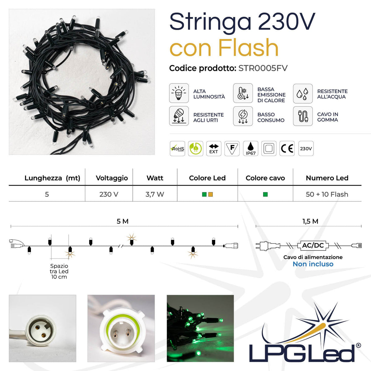 Stringa 5m 230V con flash | cavo verde | catena 60 led (10 flash)