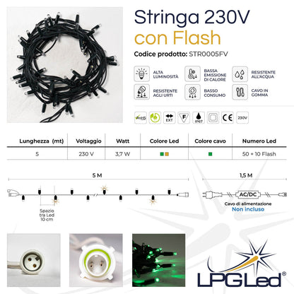 Stringa 5m 230V con flash | cavo verde | catena 60 led (10 flash)