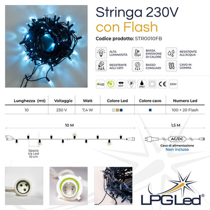 Stringa 10m 230V con flash | cavo blu | catena 120 led (20 flash)