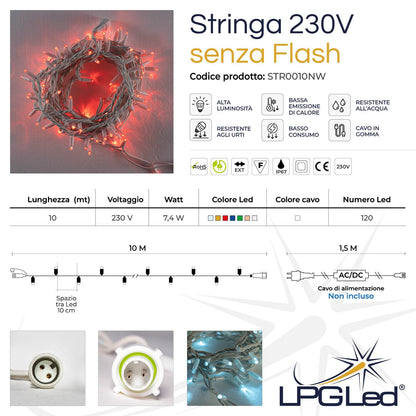 Stringa 10m 230V senza flash | cavo bianco | catena 120 led