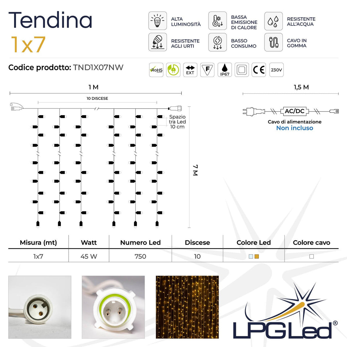 Tendina led | 1X7m 230V | cavo bianco | 750 led
